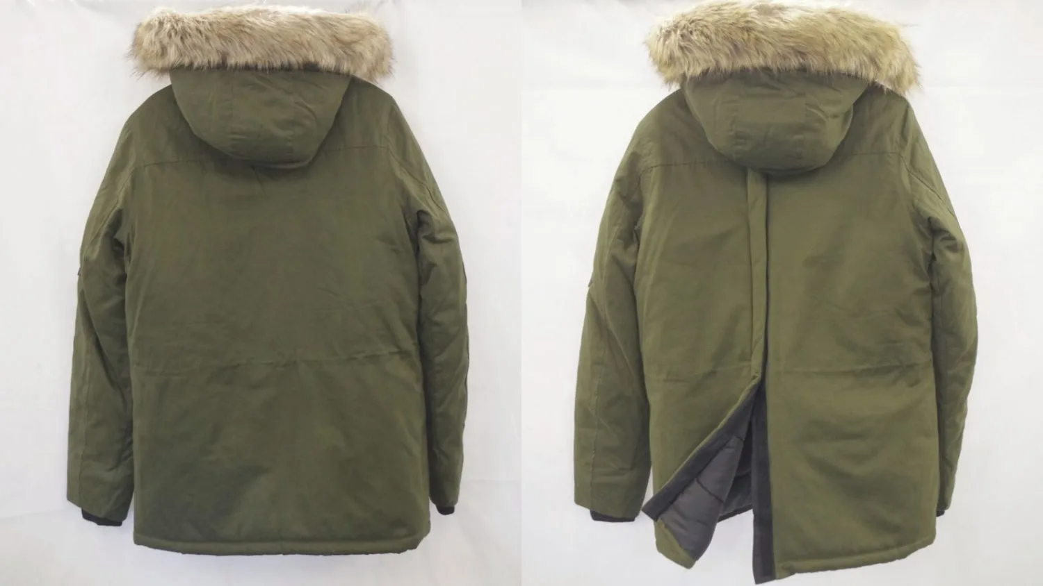 Army green parka coat shown with rear vertical opening